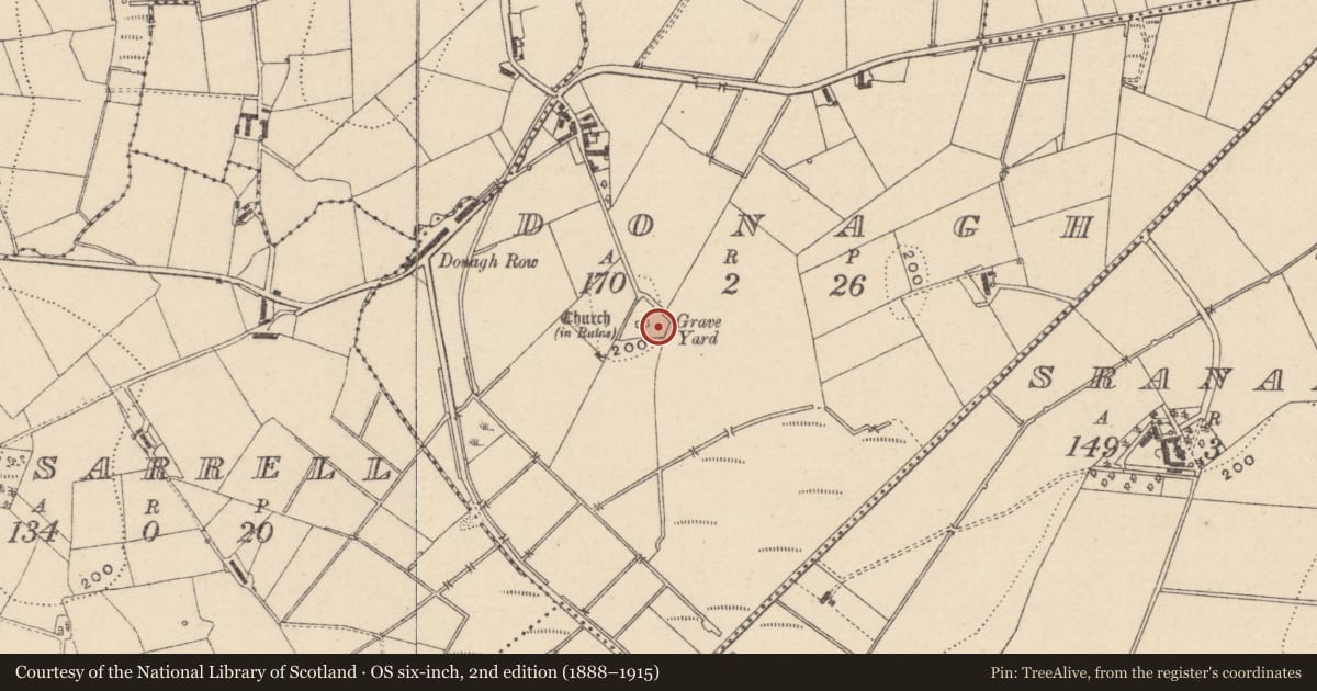 Ordnance Survey six-inch map, 2nd edition (1888–1915) covering the location of Cross, Donagh, County Monaghan, with a pin at the register's coordinates