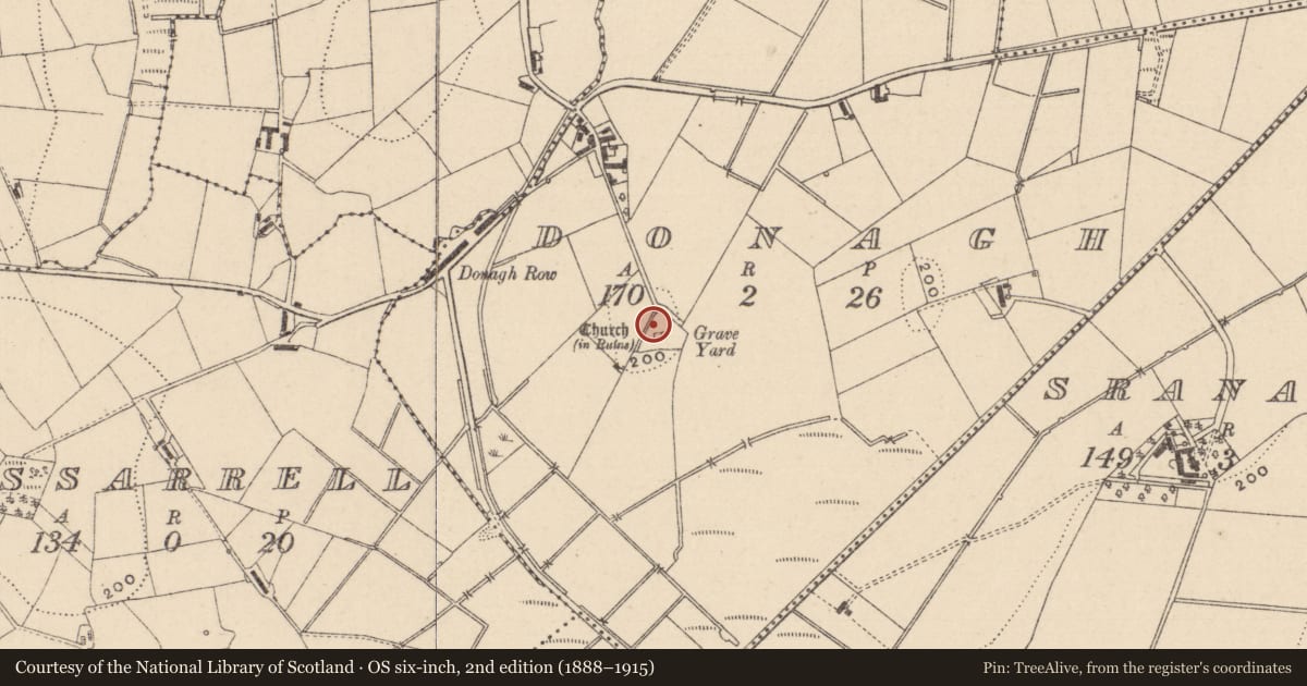 Ordnance Survey six-inch map, 2nd edition (1888–1915) covering the location of Cross, Donagh, County Monaghan, with a pin at the register's coordinates