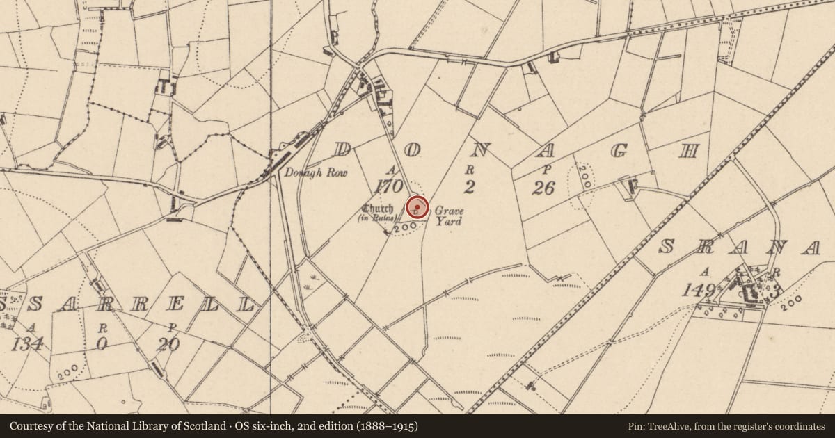 Ordnance Survey six-inch map, 2nd edition (1888–1915) covering the location of Graveyard, Donagh, County Monaghan, with a pin at the register's coordinates