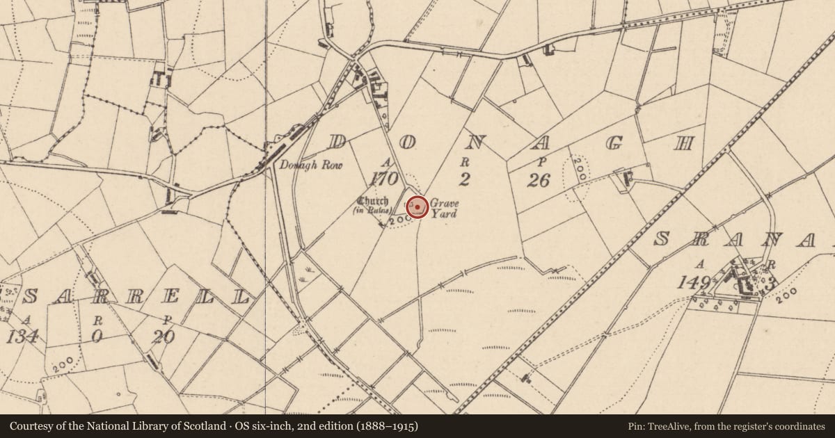 Ordnance Survey six-inch map, 2nd edition (1888–1915) covering the location of Graveslab, Donagh, County Monaghan, with a pin at the register's coordinates