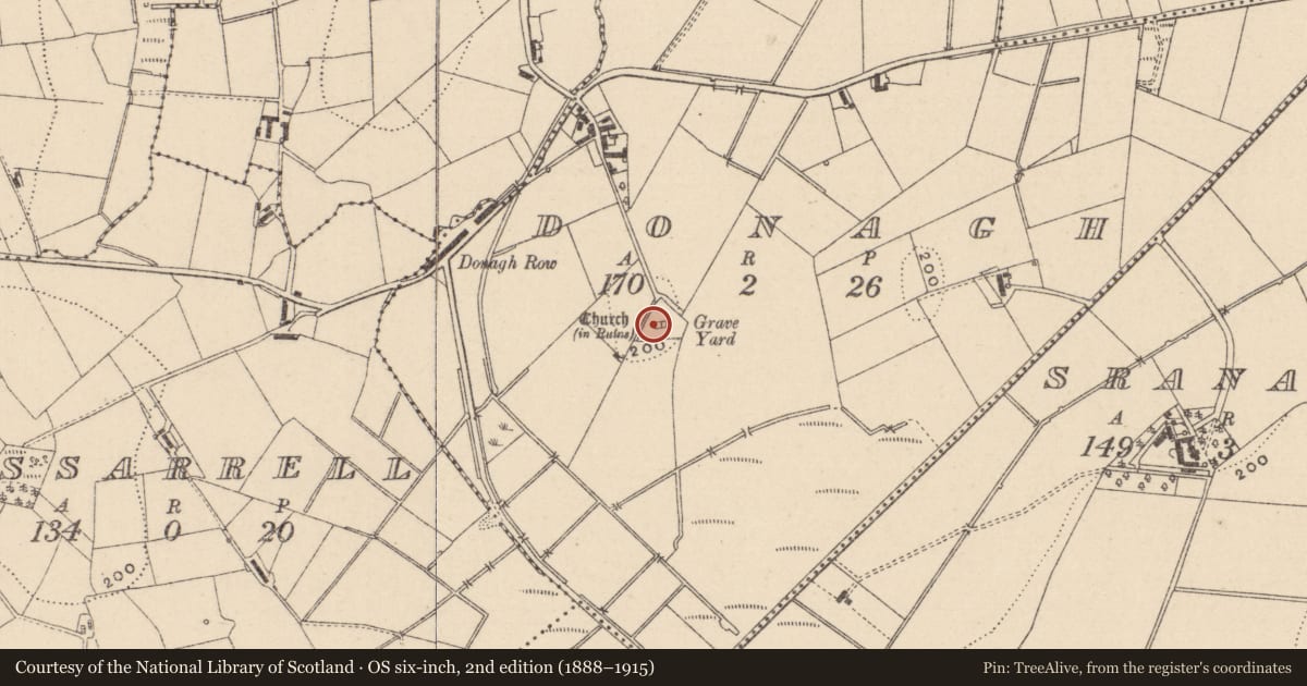 Ordnance Survey six-inch map, 2nd edition (1888–1915) covering the location of Graveslab, Donagh, County Monaghan, with a pin at the register's coordinates
