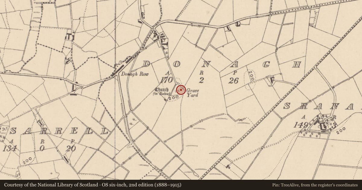 Ordnance Survey six-inch map, 2nd edition (1888–1915) covering the location of Cupmarked stone, Donagh, County Monaghan, with a pin at the register's coordinates