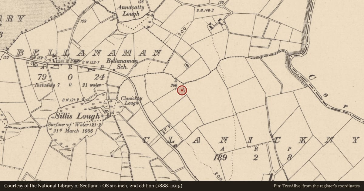 Ordnance Survey six-inch map, 2nd edition (1888–1915) covering the location of Ringfort - rath, Clanickny, County Monaghan, with a pin at the register's coordinates