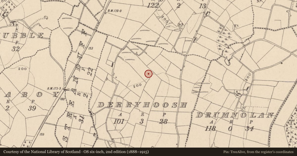 Ordnance Survey six-inch map, 2nd edition (1888–1915) covering the location of Enclosure, Derryhoosh, County Monaghan, with a pin at the register's coordinates