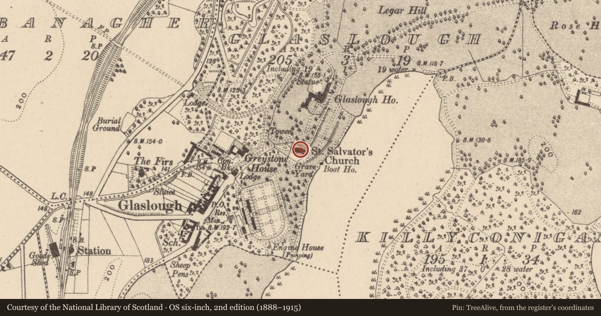 Ordnance Survey six-inch map, 2nd edition (1888–1915) covering the location of Church, Glaslough, County Monaghan, with a pin at the register's coordinates