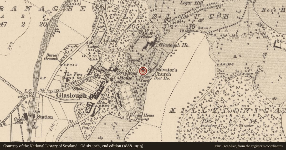 Ordnance Survey six-inch map, 2nd edition (1888–1915) covering the location of Graveyard, Glaslough, County Monaghan, with a pin at the register's coordinates