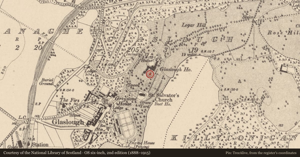 Ordnance Survey six-inch map, 2nd edition (1888–1915) covering the location of House - 17th century, Glaslough, County Monaghan, with a pin at the register's coordinates