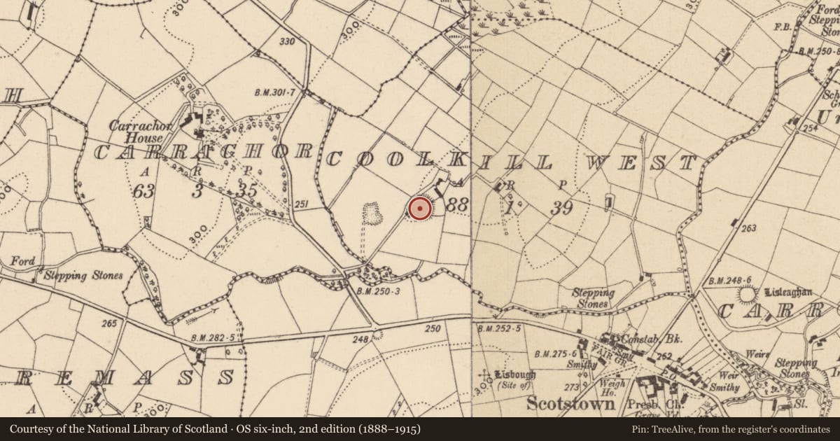 Ordnance Survey six-inch map, 2nd edition (1888–1915) covering the location of Ringfort - rath, Coolkill West, County Monaghan, with a pin at the register's coordinates