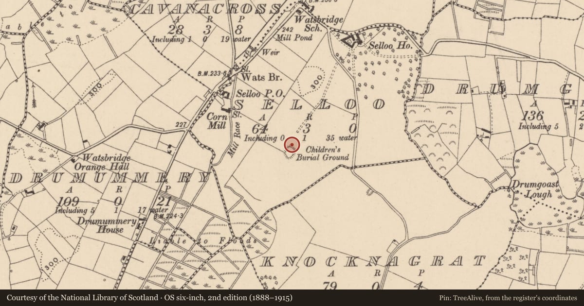 Ordnance Survey six-inch map, 2nd edition (1888–1915) covering the location of Church, Selloo, County Monaghan, with a pin at the register's coordinates