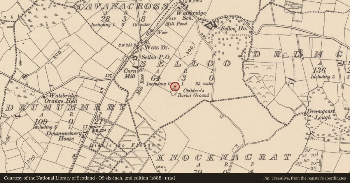 Ordnance Survey six-inch map, 2nd edition (1888–1915) covering the location of Ecclesiastical enclosure, Selloo, County Monaghan, with a pin at the register's coordinates