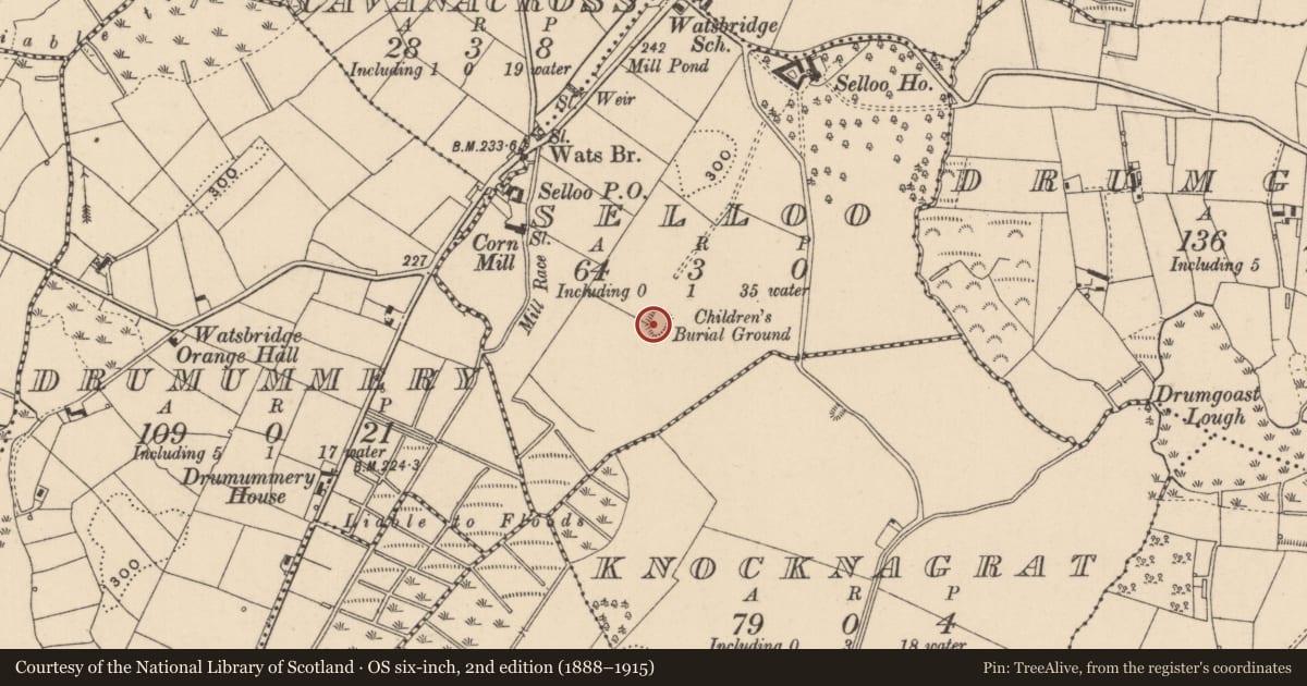 Ordnance Survey six-inch map, 2nd edition (1888–1915) covering the location of Bullaun stone, Selloo, County Monaghan, with a pin at the register's coordinates