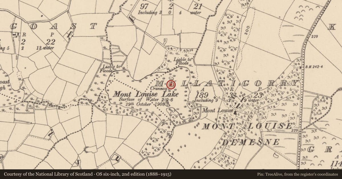 Ordnance Survey six-inch map, 2nd edition (1888–1915) covering the location of Crannog, Mullatigorry, County Monaghan, with a pin at the register's coordinates