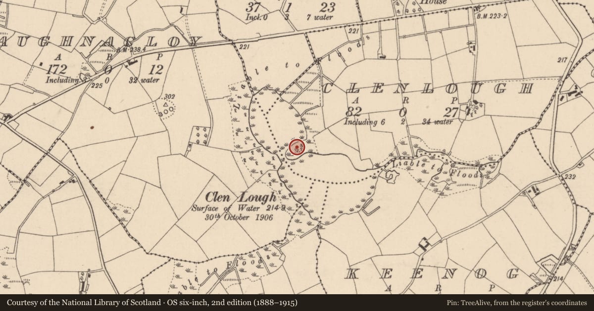 Ordnance Survey six-inch map, 2nd edition (1888–1915) covering the location of Crannog, Clenlough, County Monaghan, with a pin at the register's coordinates