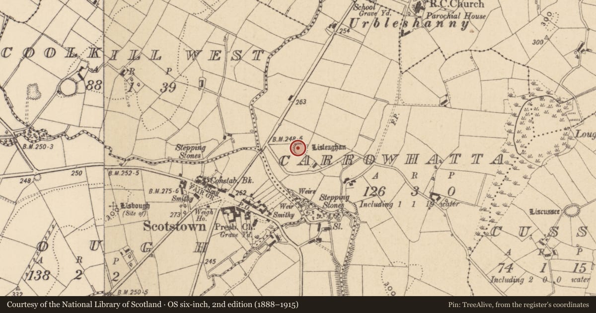 Ordnance Survey six-inch map, 2nd edition (1888–1915) covering the location of Ringfort - rath, Carrowhatta, County Monaghan, with a pin at the register's coordinates
