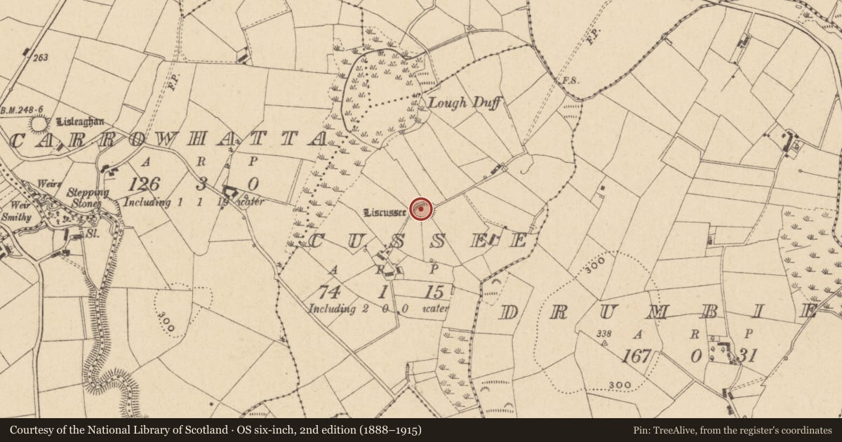 Ordnance Survey six-inch map, 2nd edition (1888–1915) covering the location of Ringfort - rath, Cussee, County Monaghan, with a pin at the register's coordinates