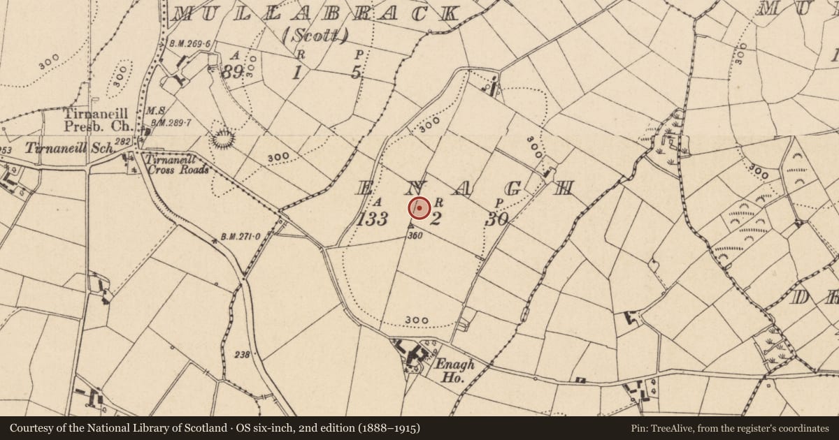 Ordnance Survey six-inch map, 2nd edition (1888–1915) covering the location of Ringfort - rath, Enagh, County Monaghan, with a pin at the register's coordinates