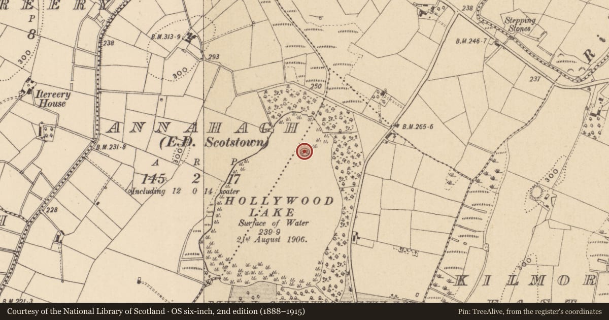 Ordnance Survey six-inch map, 2nd edition (1888–1915) covering the location of Crannog, Mullatishaughlin, County Monaghan, with a pin at the register's coordinates