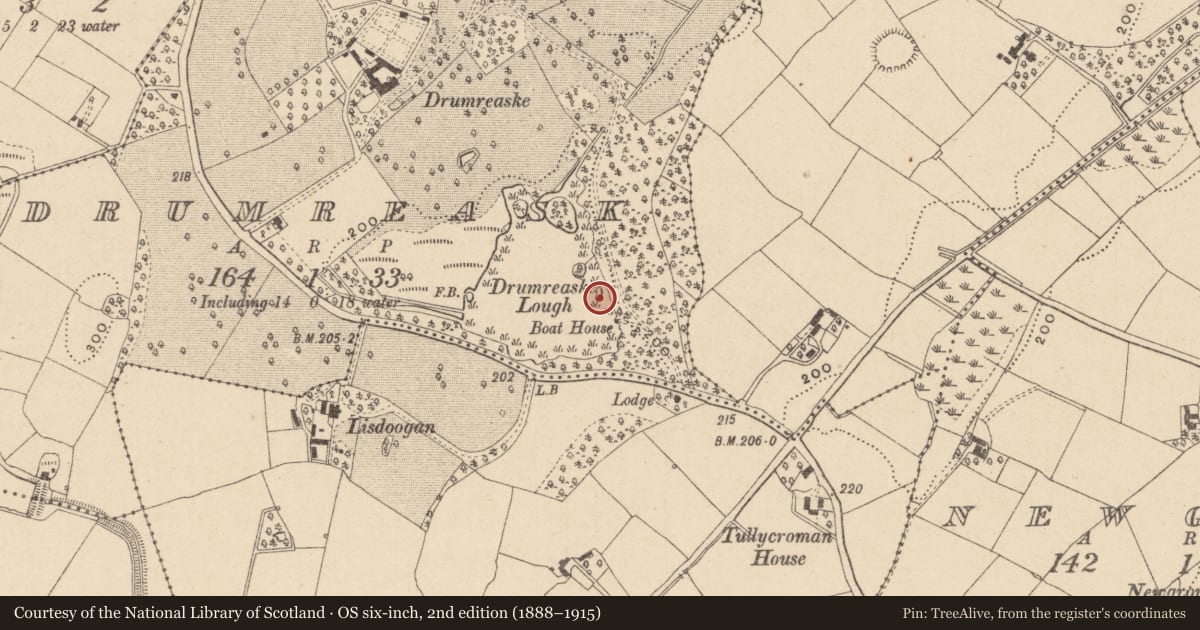 Ordnance Survey six-inch map, 2nd edition (1888–1915) covering the location of Crannog, Drumreask, County Monaghan, with a pin at the register's coordinates