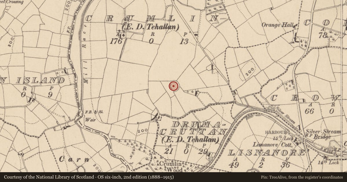 Ordnance Survey six-inch map, 2nd edition (1888–1915) covering the location of Ringfort - rath, Crumlin (Monaghan By., Tehallan Par.), County Monaghan, with a pin at the register's coordinates