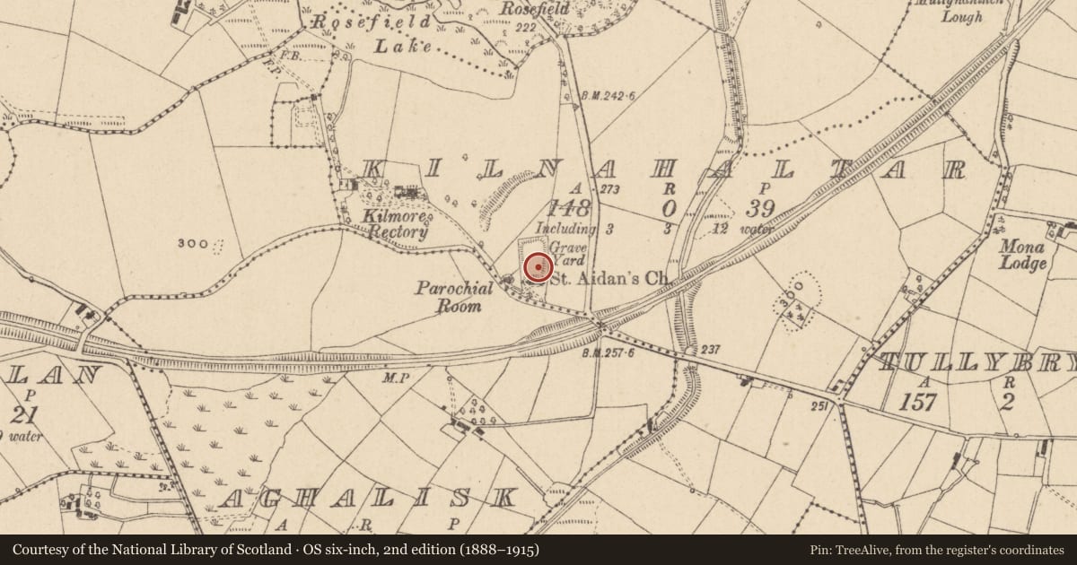 Ordnance Survey six-inch map, 2nd edition (1888–1915) covering the location of Church, Kilnahaltar, County Monaghan, with a pin at the register's coordinates