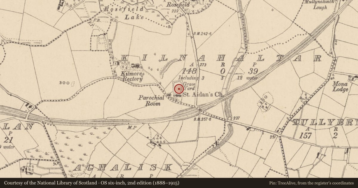Ordnance Survey six-inch map, 2nd edition (1888–1915) covering the location of Graveyard, Kilnahaltar, County Monaghan, with a pin at the register's coordinates