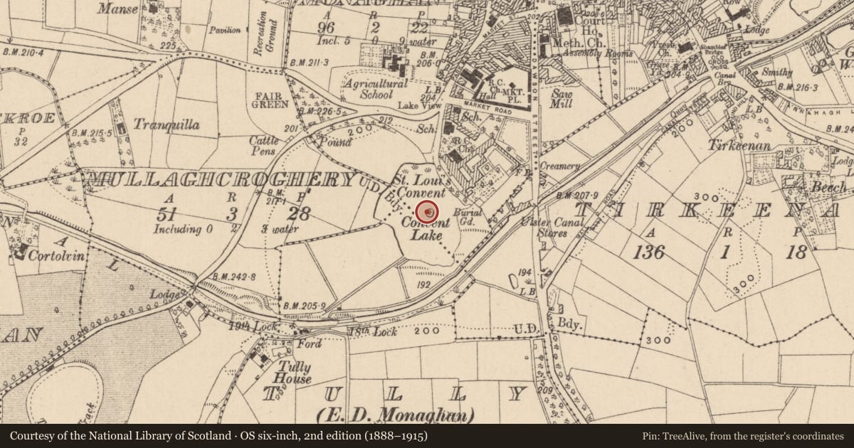 Ordnance Survey six-inch map, 2nd edition (1888–1915) covering the location of Crannog, Mullaghmonaghan, County Monaghan, with a pin at the register's coordinates