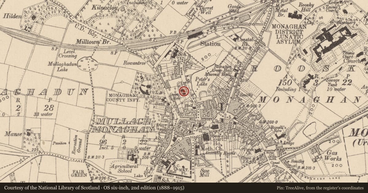 Ordnance Survey six-inch map, 2nd edition (1888–1915) covering the location of Burial, Mullaghmonaghan, County Monaghan, with a pin at the register's coordinates