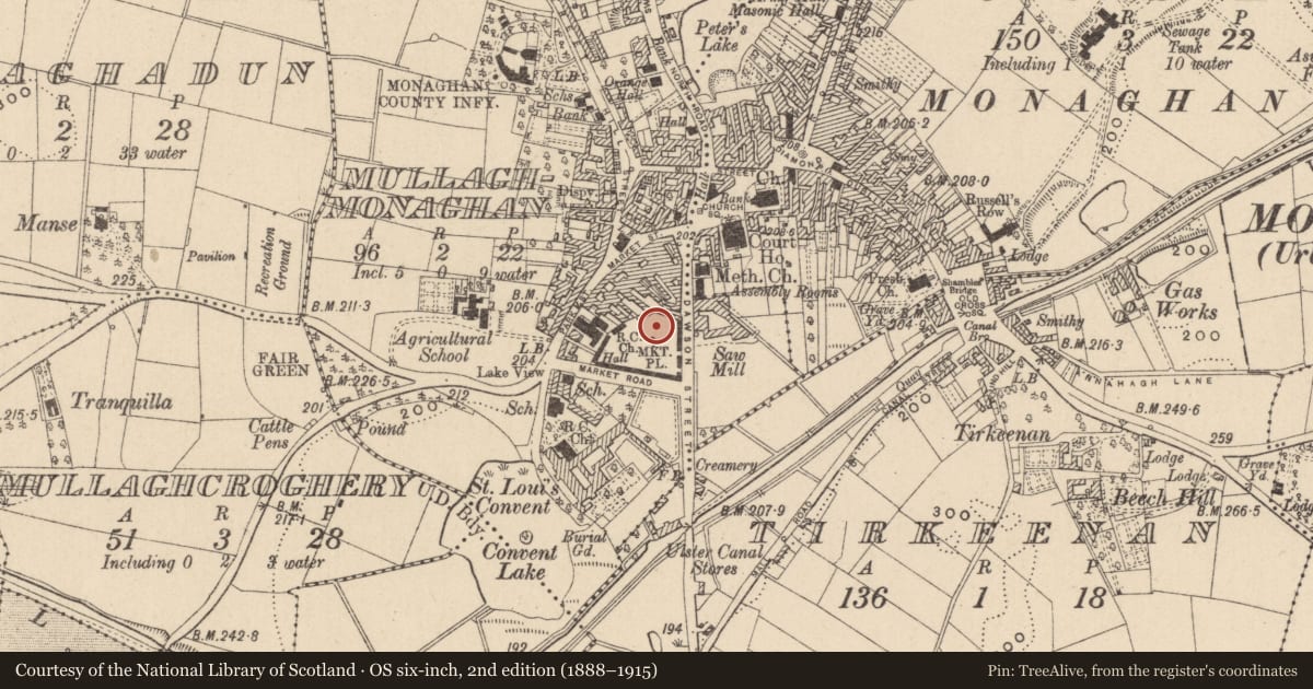 Ordnance Survey six-inch map, 2nd edition (1888–1915) covering the location of Religious house - Franciscan friars, Roosky (Monaghan By., Monaghan Par.), County Monaghan, with a pin at the register's coordinates