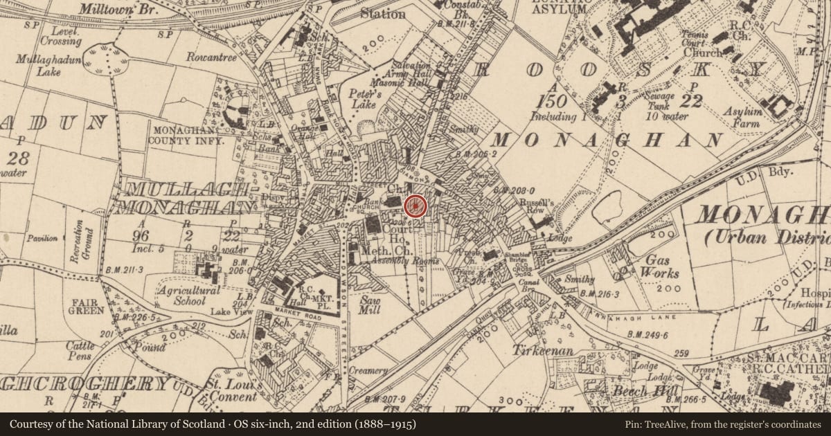 Ordnance Survey six-inch map, 2nd edition (1888–1915) covering the location of House - fortified house, Roosky (Monaghan By., Monaghan Par.), County Monaghan, with a pin at the register's coordinates