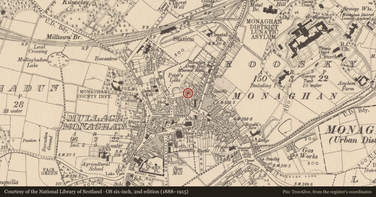 Ordnance Survey six-inch map, 2nd edition (1888–1915) covering the location of Town defences, Roosky (Monaghan By., Monaghan Par.), County Monaghan, with a pin at the register's coordinates