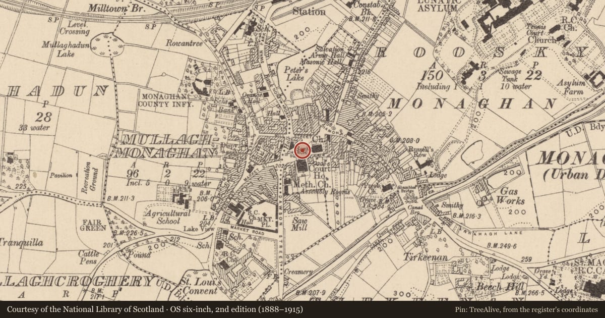 Ordnance Survey six-inch map, 2nd edition (1888–1915) covering the location of Burial, Roosky (Monaghan By., Monaghan Par.), County Monaghan, with a pin at the register's coordinates