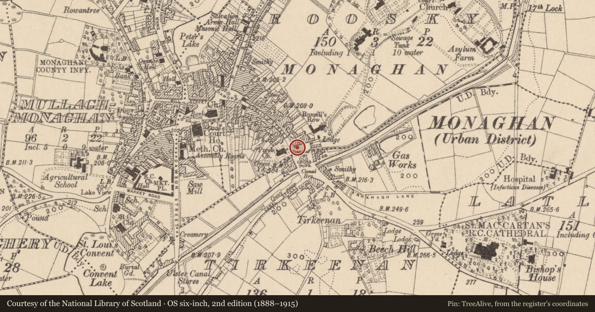Ordnance Survey six-inch map, 2nd edition (1888–1915) covering the location of Cross - Market cross (present location), Tirkeenan, County Monaghan, with a pin at the register's coordinates