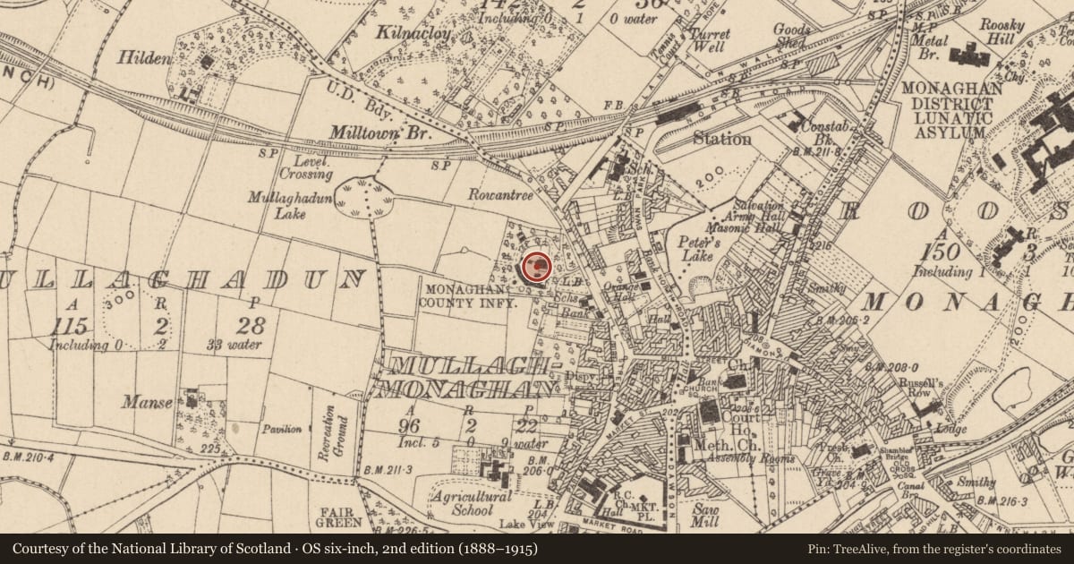 Ordnance Survey six-inch map, 2nd edition (1888–1915) covering the location of Bastioned fort, Mullaghmonaghan, County Monaghan, with a pin at the register's coordinates