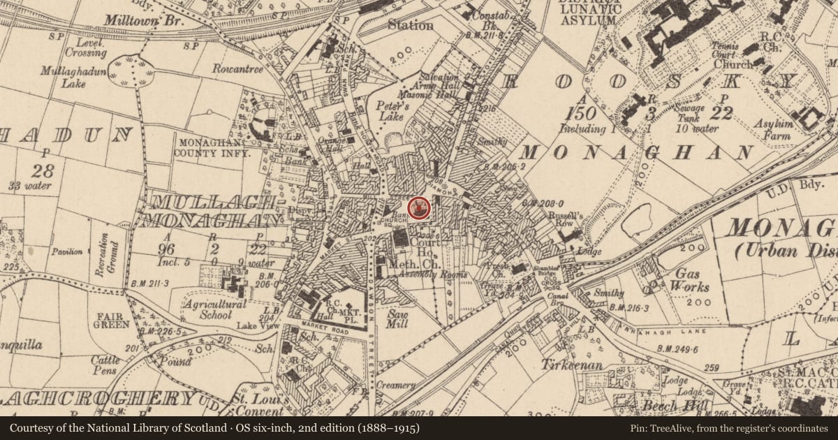 Ordnance Survey six-inch map, 2nd edition (1888–1915) covering the location of Graveyard, Roosky (Monaghan By., Monaghan Par.), County Monaghan, with a pin at the register's coordinates
