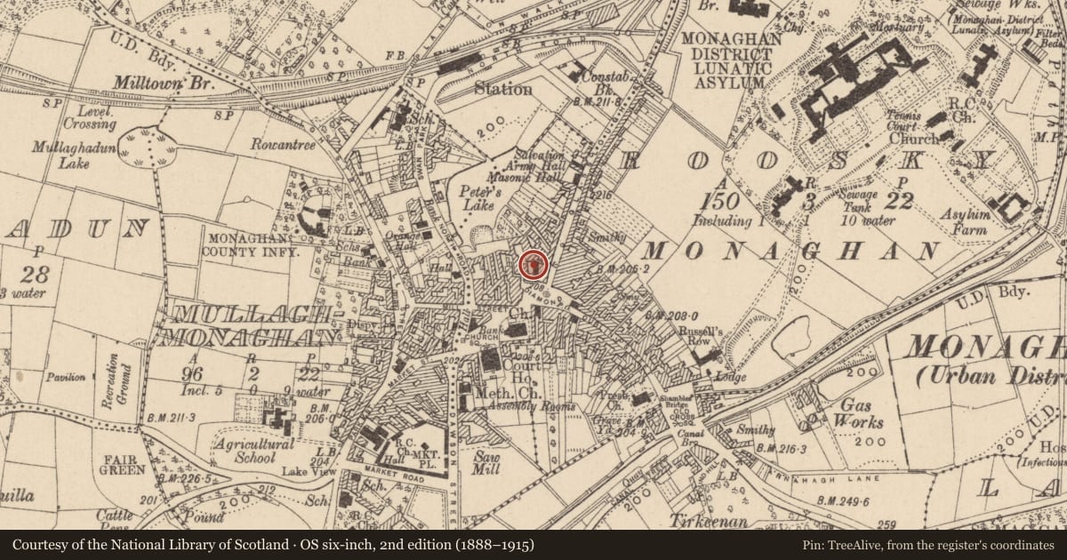Ordnance Survey six-inch map, 2nd edition (1888–1915) covering the location of House - 16th century, Roosky (Monaghan By., Monaghan Par.), County Monaghan, with a pin at the register's coordinates