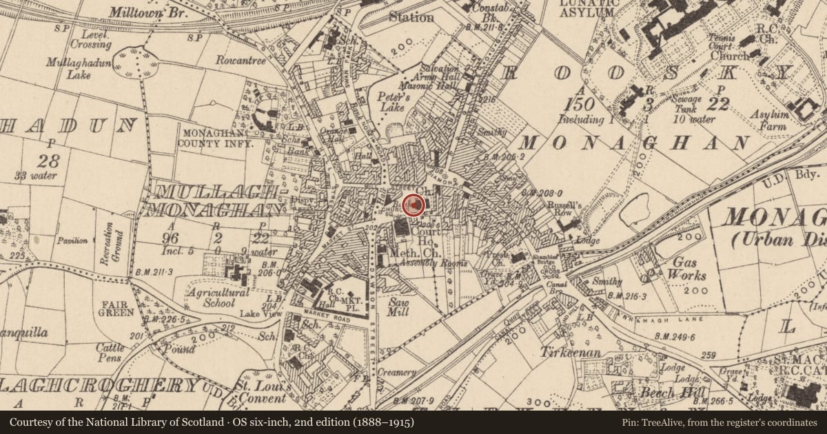 Ordnance Survey six-inch map, 2nd edition (1888–1915) covering the location of Graveslab, Roosky (Monaghan By., Monaghan Par.), County Monaghan, with a pin at the register's coordinates