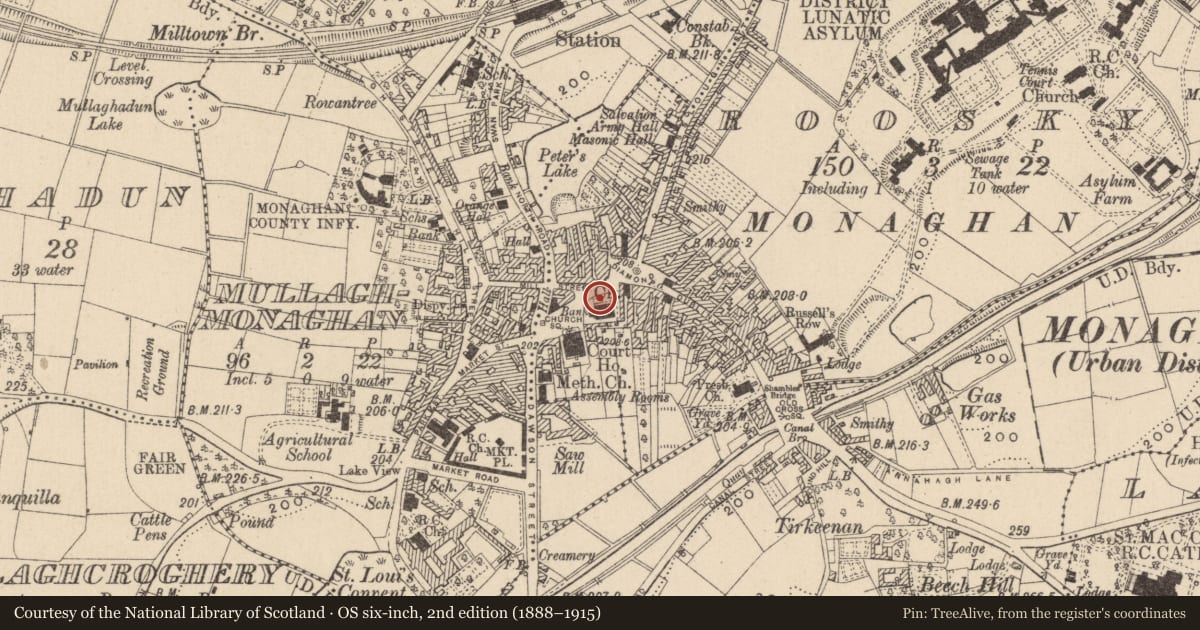 Ordnance Survey six-inch map, 2nd edition (1888–1915) covering the location of Church, Roosky (Monaghan By., Monaghan Par.), County Monaghan, with a pin at the register's coordinates