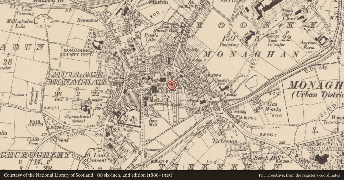 Ordnance Survey six-inch map, 2nd edition (1888–1915) covering the location of Bawn, Roosky (Monaghan By., Monaghan Par.), County Monaghan, with a pin at the register's coordinates