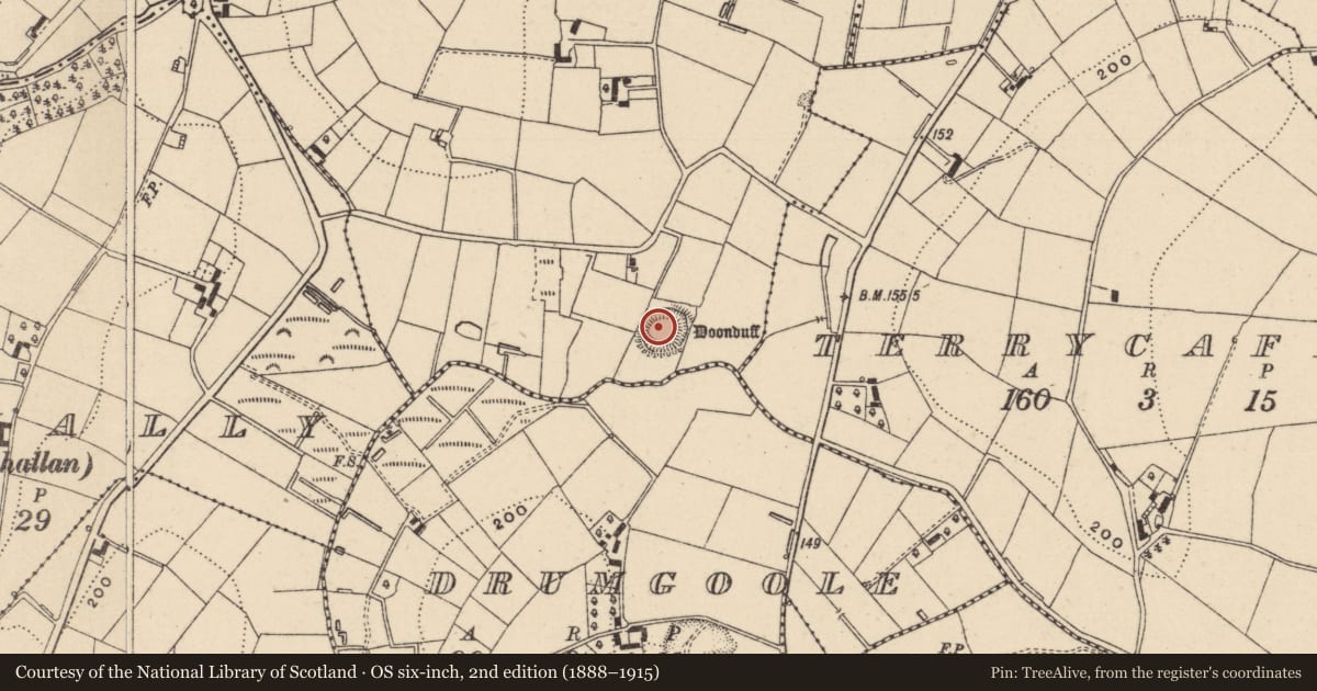 Ordnance Survey six-inch map, 2nd edition (1888–1915) covering the location of Ringfort - rath, Tiravera, County Monaghan, with a pin at the register's coordinates