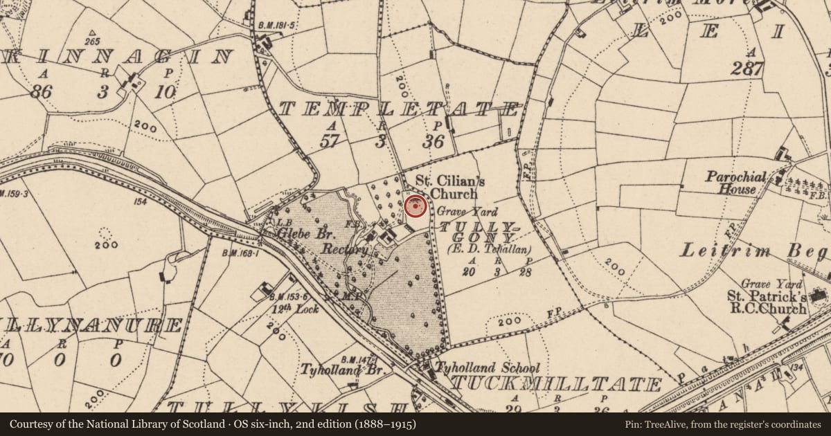 Ordnance Survey six-inch map, 2nd edition (1888–1915) covering the location of Church, Templetate (Monaghan By., Tehallan Par.), County Monaghan, with a pin at the register's coordinates