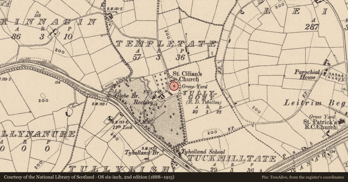 Ordnance Survey six-inch map, 2nd edition (1888–1915) covering the location of Graveyard, Templetate (Monaghan By., Tehallan Par.), County Monaghan, with a pin at the register's coordinates