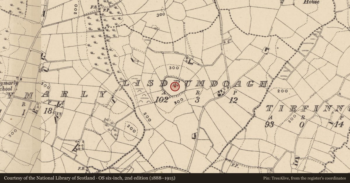 Ordnance Survey six-inch map, 2nd edition (1888–1915) covering the location of Hilltop enclosure, Lisdrumdoagh, County Monaghan, with a pin at the register's coordinates