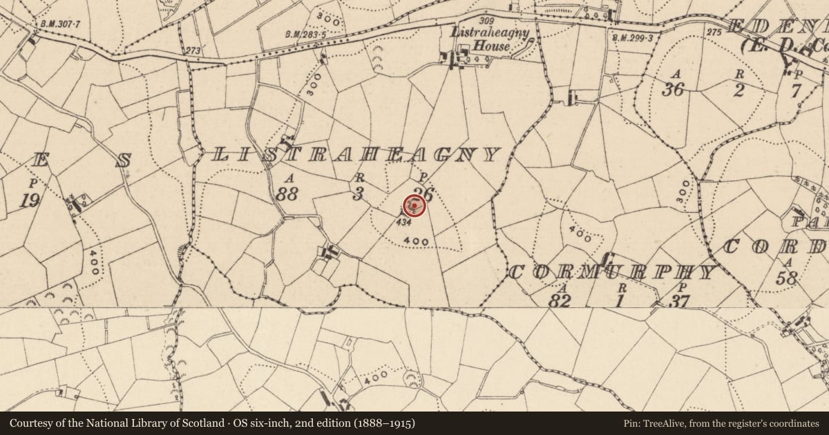 Ordnance Survey six-inch map, 2nd edition (1888–1915) covering the location of Ringfort - rath, Listraheagny, County Monaghan, with a pin at the register's coordinates