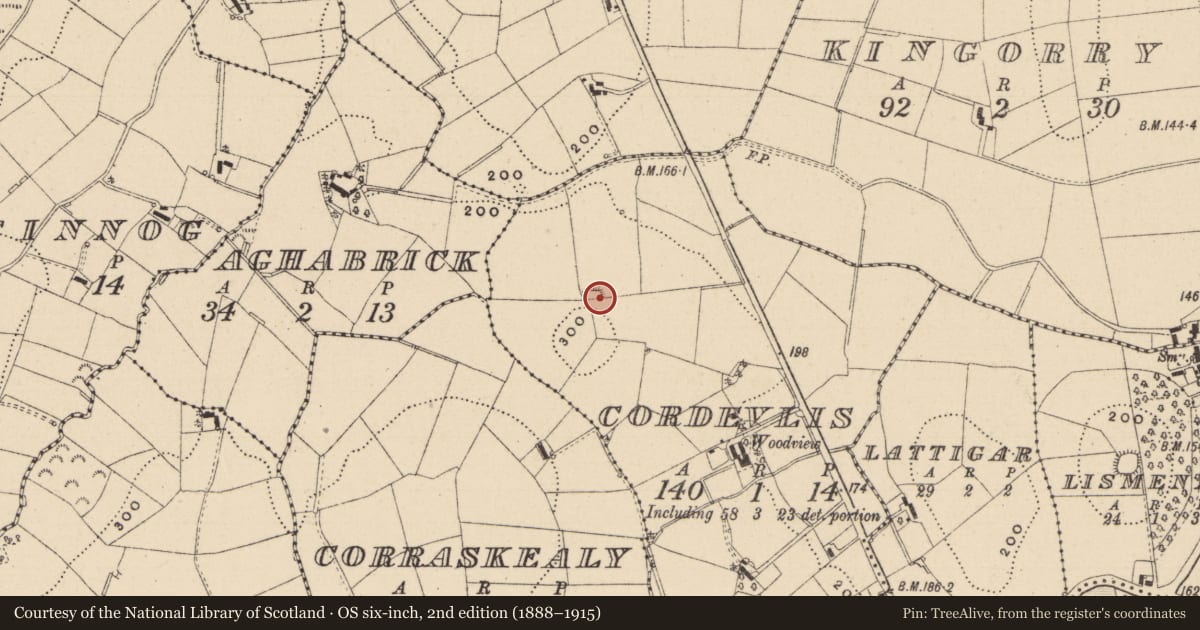 Ordnance Survey six-inch map, 2nd edition (1888–1915) covering the location of Ringfort - rath, Cordevlis (Monaghan By., Tehallan Par.), County Monaghan, with a pin at the register's coordinates