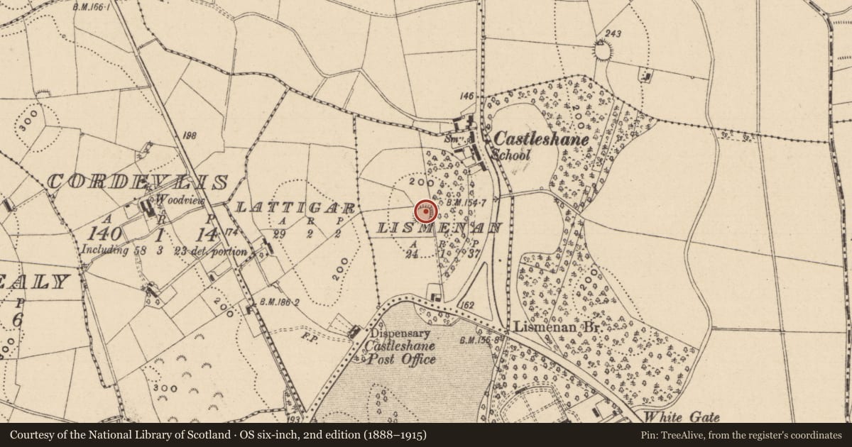 Ordnance Survey six-inch map, 2nd edition (1888–1915) covering the location of Ringfort - rath, Lismenan, County Monaghan, with a pin at the register's coordinates