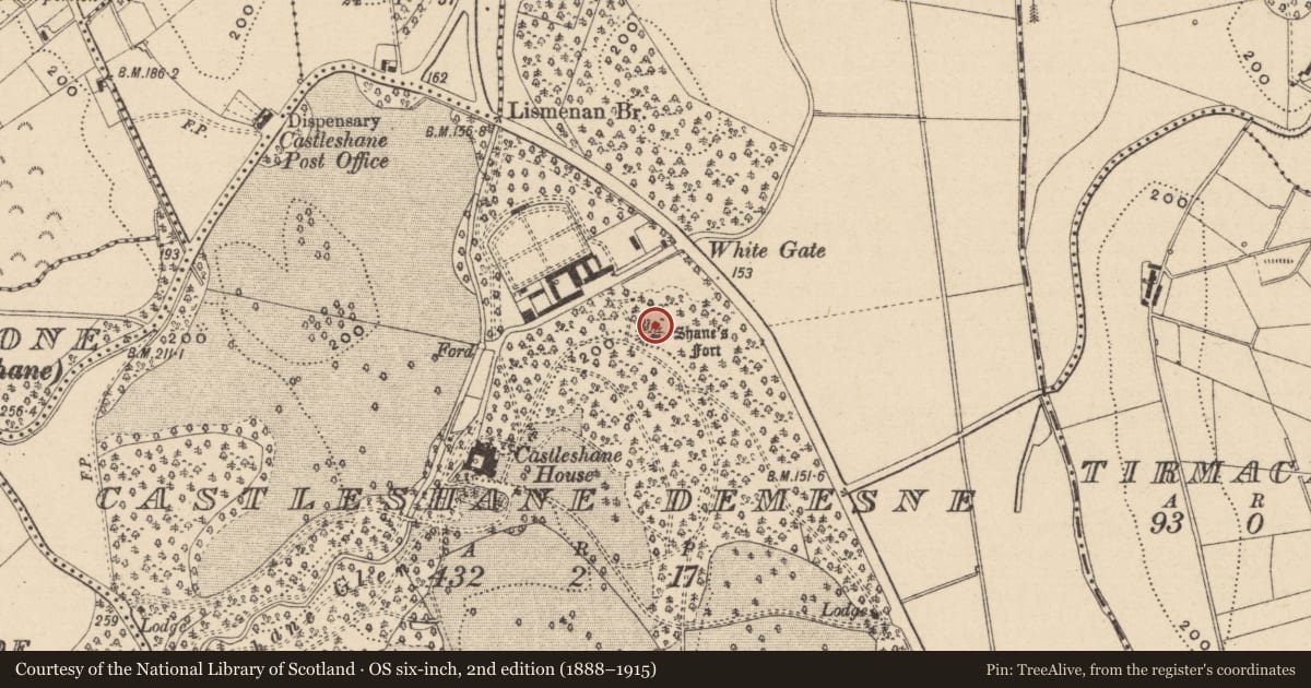 Ordnance Survey six-inch map, 2nd edition (1888–1915) covering the location of Ringfort - rath, Castleshane Demesne, County Monaghan, with a pin at the register's coordinates