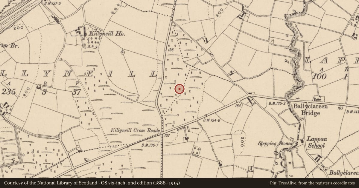 Ordnance Survey six-inch map, 2nd edition (1888–1915) covering the location of Crannog, Garran Itra, Killyneill, County Monaghan, with a pin at the register's coordinates