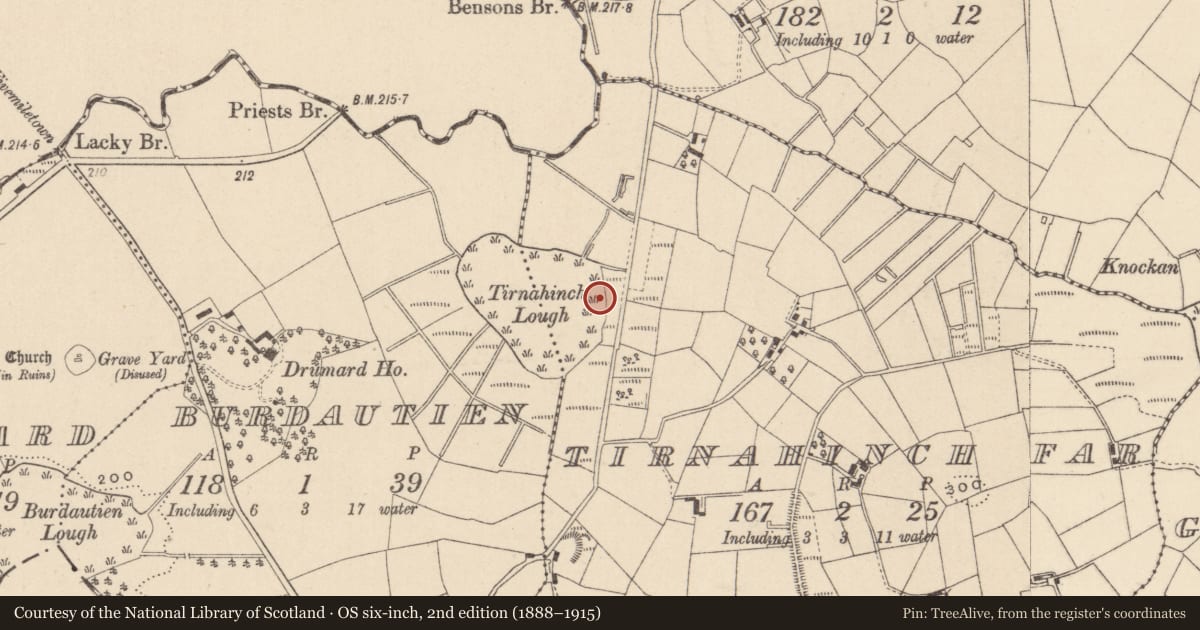 Ordnance Survey six-inch map, 2nd edition (1888–1915) covering the location of Crannog, Tirnahinch Far, County Monaghan, with a pin at the register's coordinates