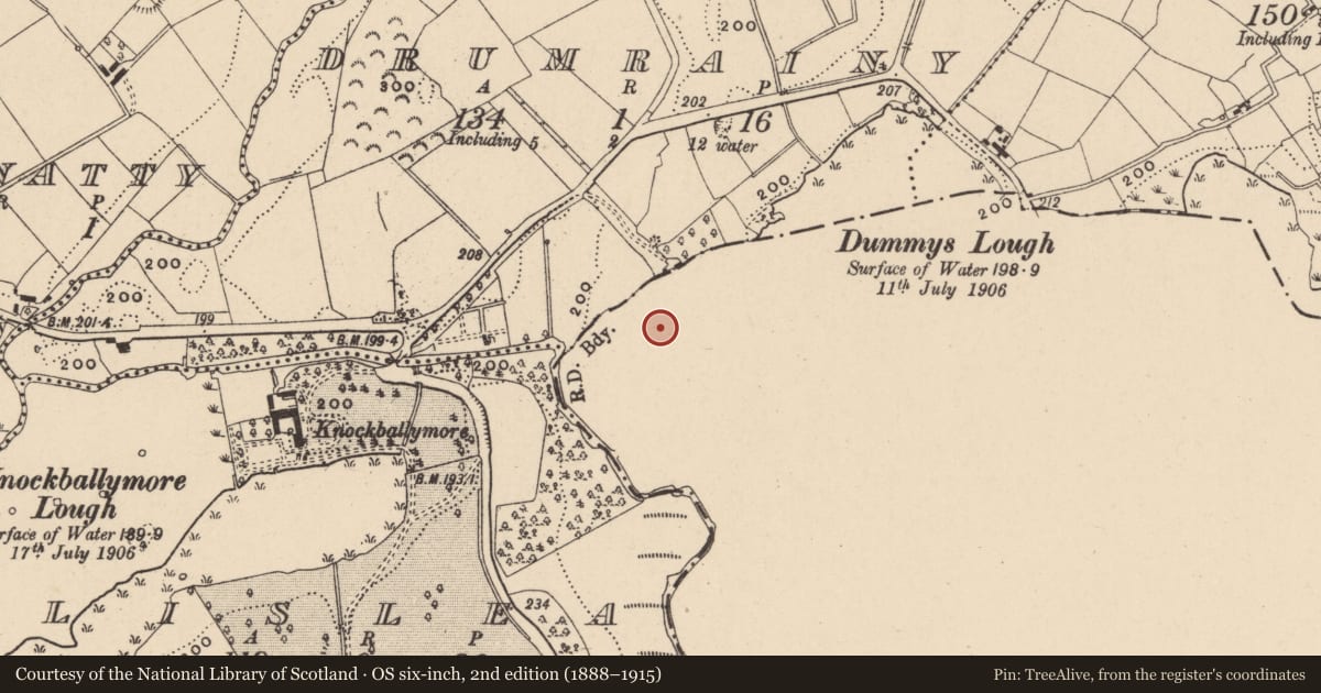 Ordnance Survey six-inch map, 2nd edition (1888–1915) covering the location of Barrow - ditch barrow, Lisnaroe Near, County Monaghan, with a pin at the register's coordinates
