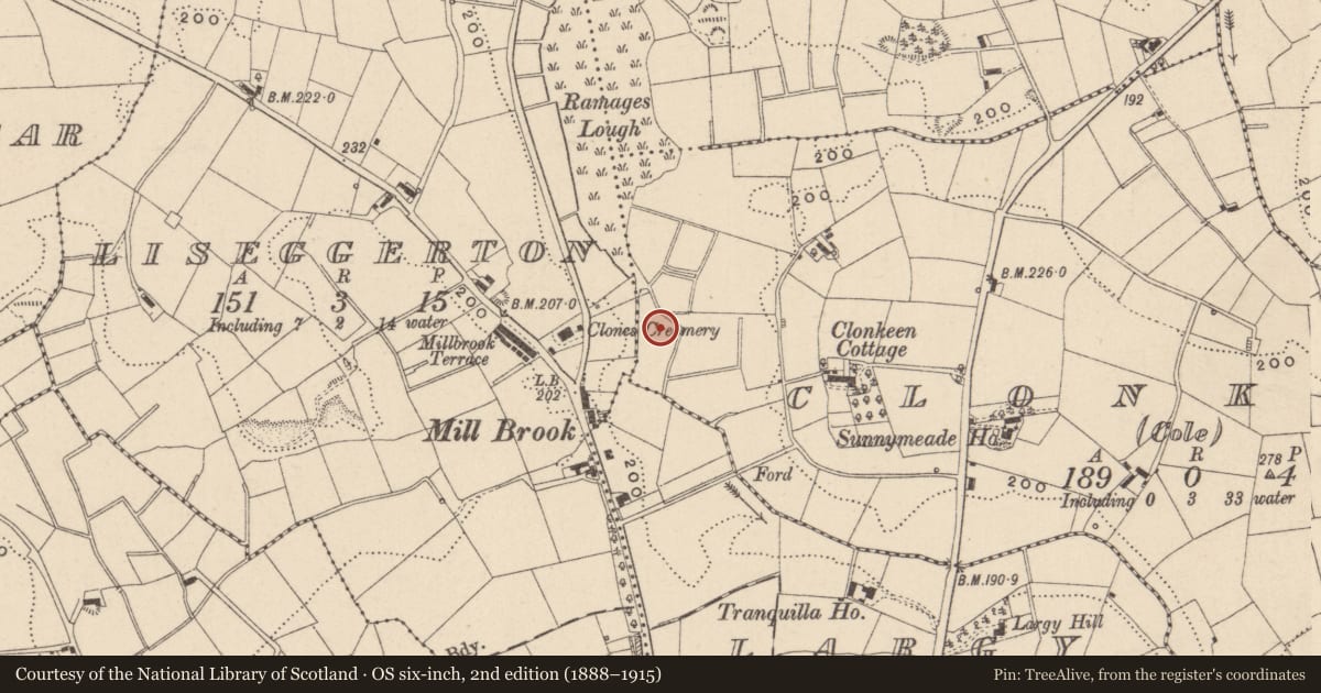 Ordnance Survey six-inch map, 2nd edition (1888–1915) covering the location of Crannog, Clonkeen (Cole), County Monaghan, with a pin at the register's coordinates